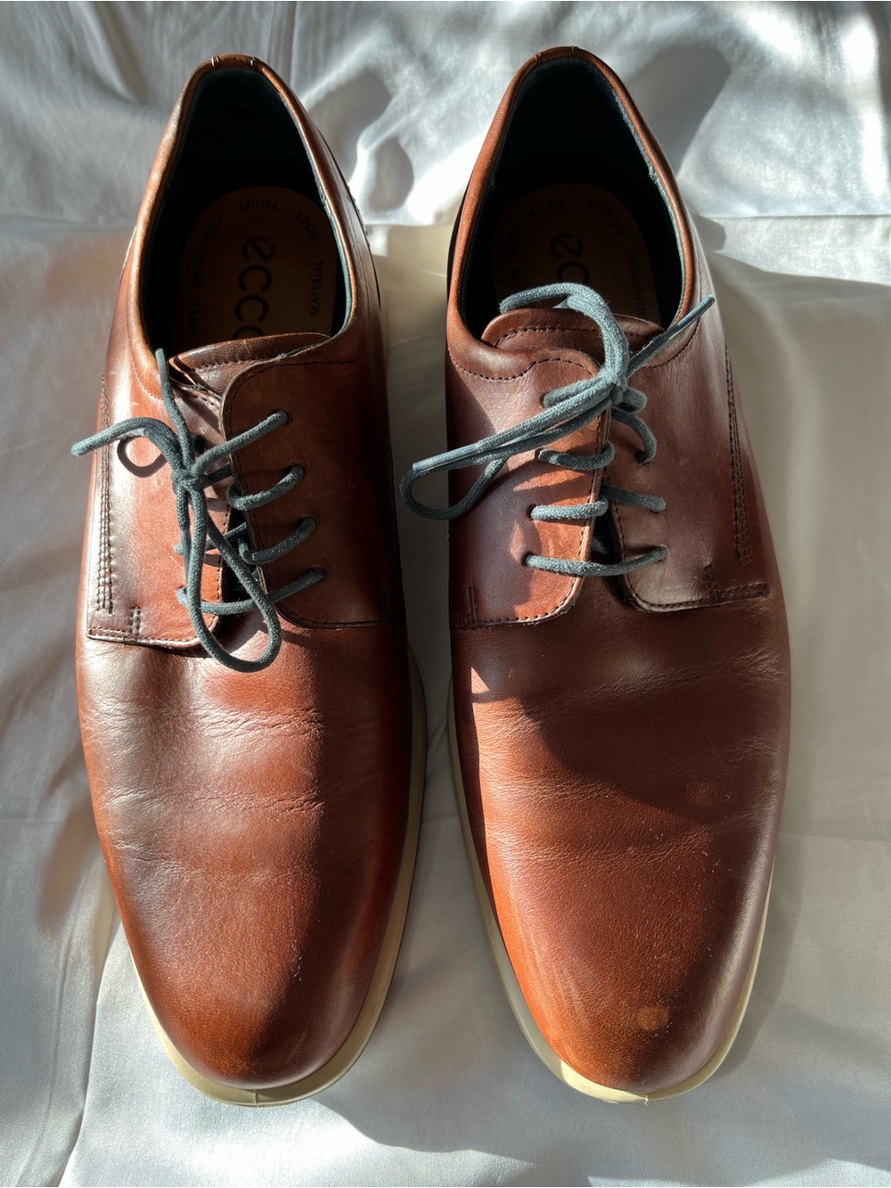 ECCO Jared Men’s Leather Plain Toe Derby Dress Shoes Cognac Brown 44 size 10.5